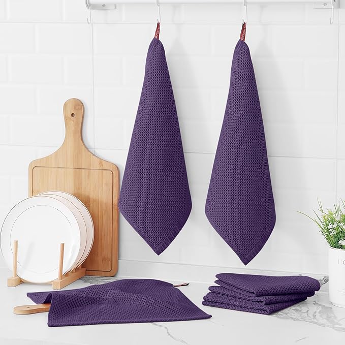 Kitinjoy 100% Cotton Kitchen Dish Cloths (12 X 12 Inches, Eggplant),6 Pack Waffle Weave Ultra Soft Absorbent Dish Towels for Drying Dishes Quick Drying Kitchen Towels Dish Rags