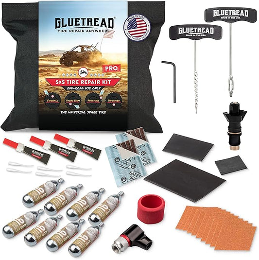 GlueTread SxS Pro Tire Repair Kit Ultimate Off-Road Tire Repair Kit Includes Sidewall Repair Patches, Colby Emergency Valve, Emergency Tire Plug Kit with 12 Plugs, T Handles and 8 CO2 Cartridges