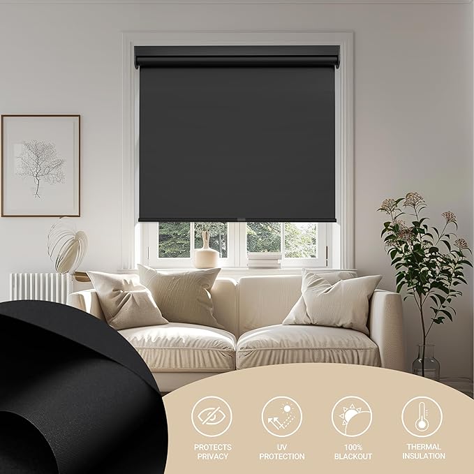 Blackout Roller Shades for Windows, Color-Matched Roller Blinds, UV Protection, Thermal Insulation Fabric Room Darkening Shades for Home, Office, Black, Custom Size.