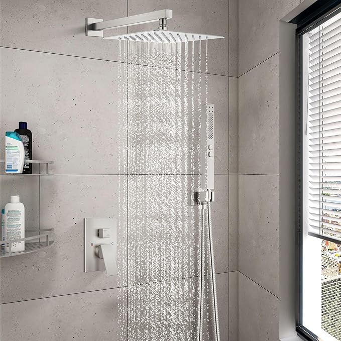 Shower Faucet Set Rainfall Shower System with Square Showerhead and Handle Set Fixture with 2 in 1 Function Handheld Sprayer Wall Mounted Trim Repair Kit Rough-in Valve 10 Inch Brushed Nickel