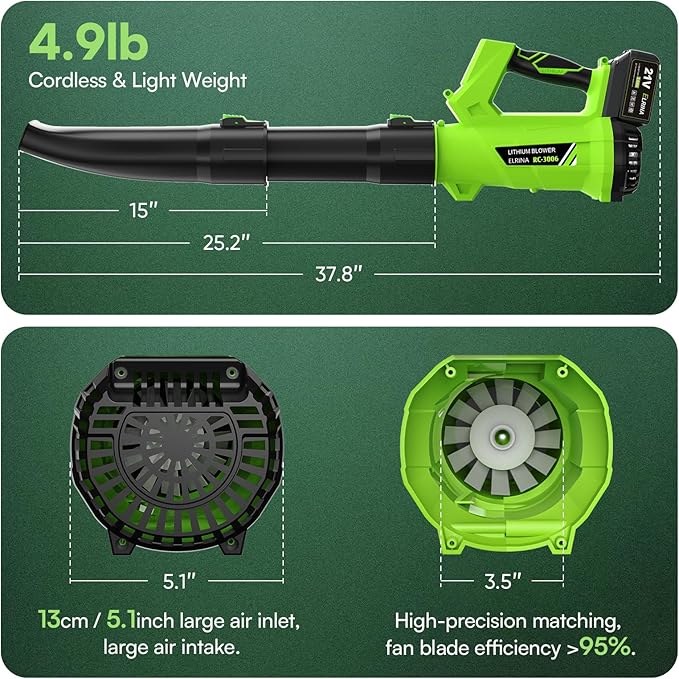 ELRINA Leaf Blower Cordless with 2 x 3.0Ah Batteries and Charger, 6-Speed Mode Lightweight Electric Blowers for Lawn Care, Yard Cleaning, Blowing Leaves, Dust, Snow Green, with Shoulder Straps
