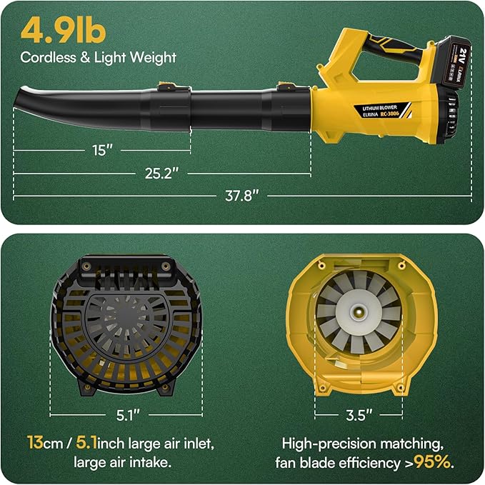 ELRINA Leaf Blower Cordless with 2 x 3.0Ah Batteries and Charger, 6-Speed Mode Lightweight Electric Blowers for Lawn Care, Yard Cleaning, Blowing Leaves, Dust, Snow Green, with Shoulder Straps