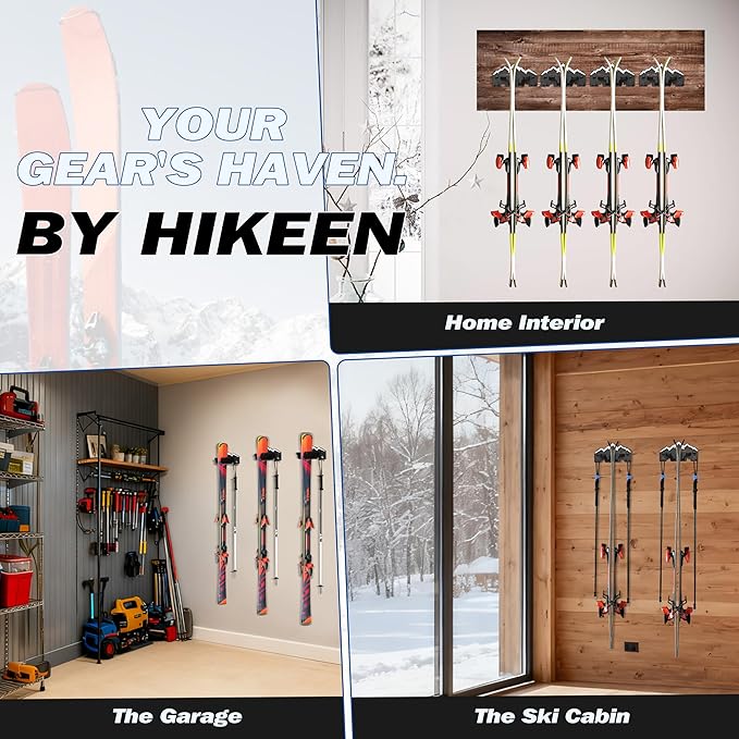 Hikeen Ski Wall Rack for Garage-Ski Wall Mount Storage Rack Fits Any Ski,Garage Organization & Space-Saving Winter Gear - Durable Ski Rack for Wall Display 4Pack