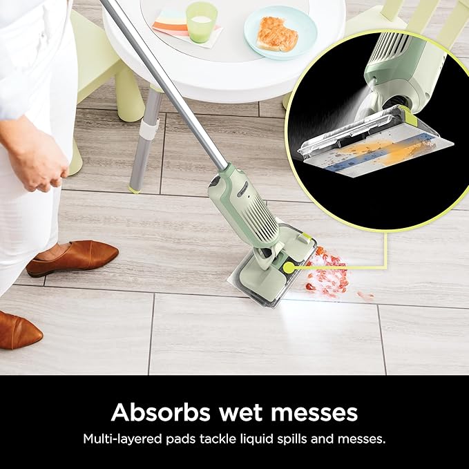 Shark VACMOP Cordless Hard Floor Cleaner, Vacuum and Spray Mop, Powerful Suction, Lightweight, LED Headlights, Includes 4 Disposable Pads, 12oz Multi-surface Cleaning Solution, Lime Green, VM252GN