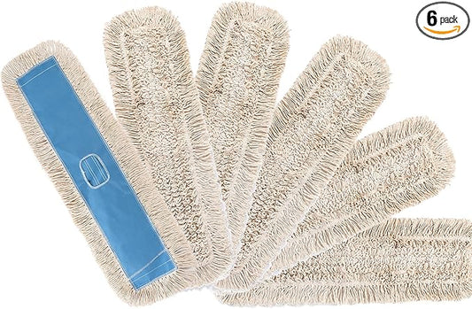 Matthew Cleaning 36'' Industrial Strength Cotton Dust Mop Refill Washable Replacement Heads for Residential & Commercial Use Fit Standard Dust Mop Frames, Hardwood, Concrete Floors Blue&White 6 Pack