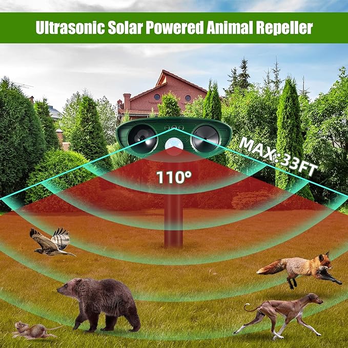 4 Pack Deer Repellent Solar Ultrasonic Animal Repeller Outdoor Squirrel Fortress Pro Waterproof Animal Deterrent Devices, Cat,Dog,Raccoon,Skunk,Rabbit,Coyote Deterrent for Yard Garden Farm