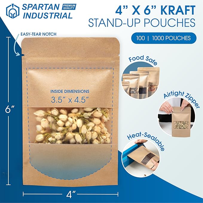 Spartan Industrial - 4" X 6" Kraft Paper Resealable Stand-Up Pouches - Pack of 1000 Small Smell-Proof Storage Pouches for Food Packaging, Pet Treats, Cosmetics, and More