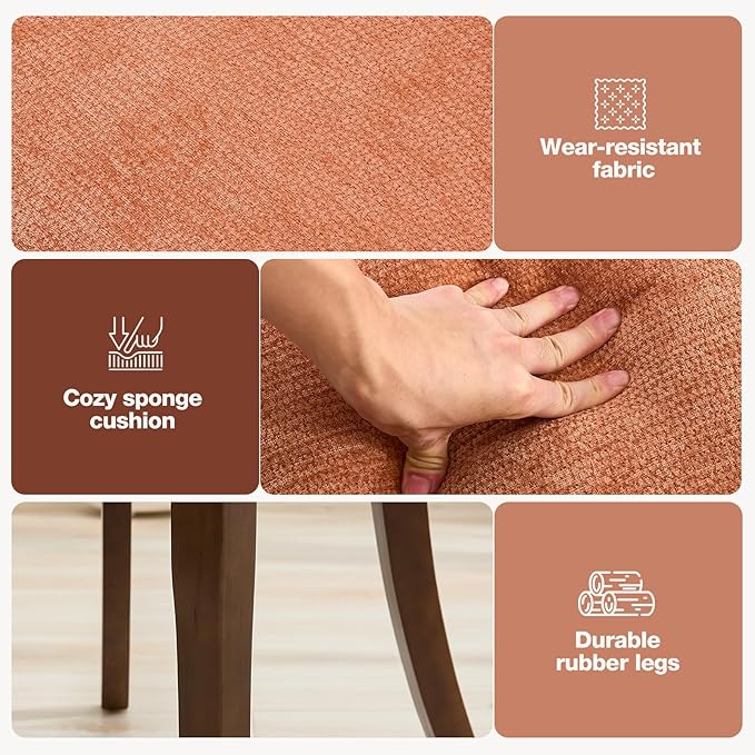 UVV Wooden Dining Chairs Set of 6, Mid Century Modern Upholstered Dining Room Chair Kitchen Chairs, Chenille Dinner Chair with Solid Wood Legs for Kitchen Dining Room, Orange-Chenille