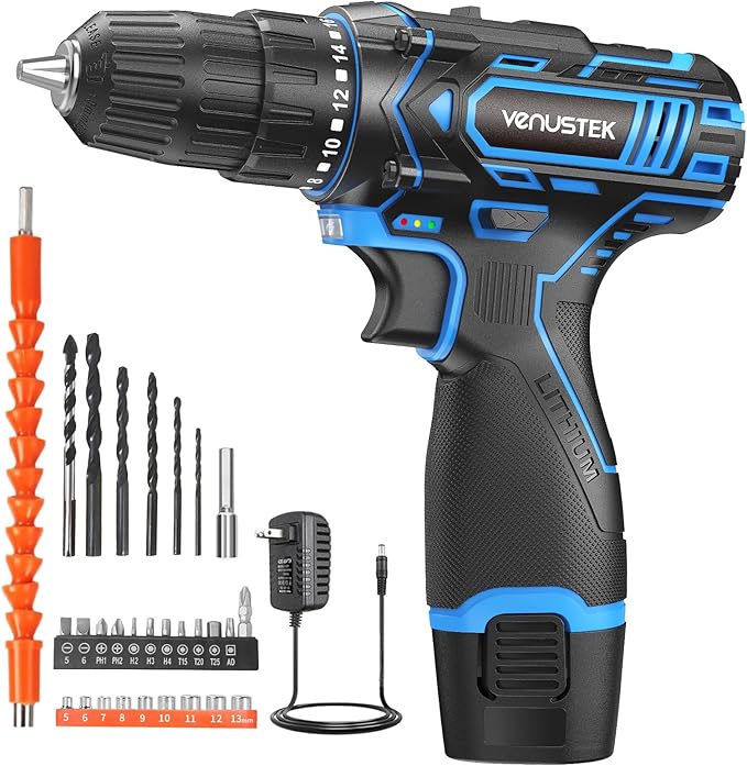 Cordless Drill Set 12V Power Drill with Battery and Charger, 2-Speed Electric Drill with 3/8" Keyless Chuck