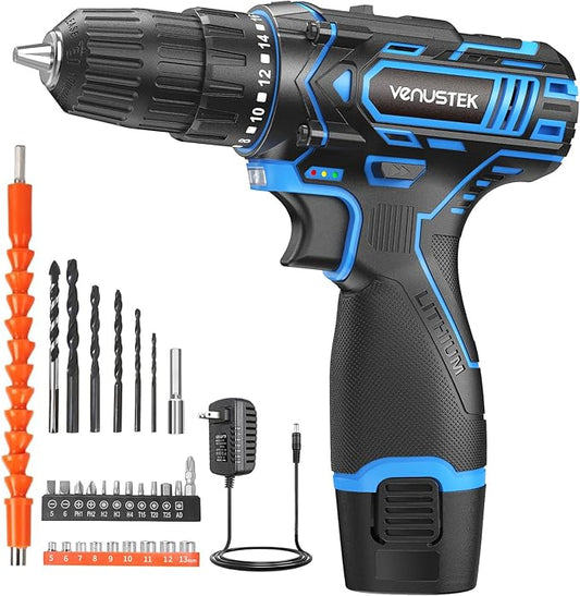 Cordless Drill Set 12V Power Drill with Battery and Charger, 2-Speed Electric Drill with 3/8" Keyless Chuck