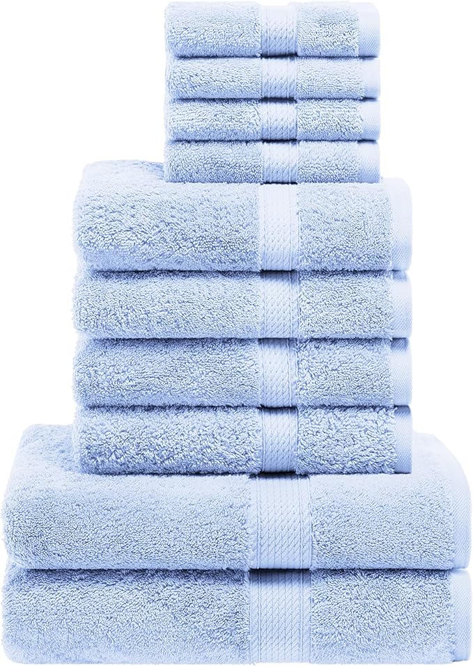 Superior Egyptian Cotton Pile 10 Piece Towel Set, Includes 2 Bath, 4 Hand, 4 Face Towels/Washcloths, Ultra Soft Luxury Towels, Thick Plush Essentials, Guest Bath, Spa, Hotel Bathroom, Light Blue
