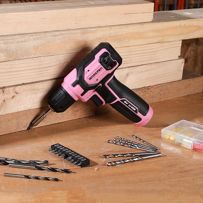 WORKPRO Pink Power Drill Set, 8V Cordless Drill Driver Set with 53pcs Bit Set, 2.0Ah Electric Cordless Drill Kit with 3/8" Keyless Chuck and Variable Speed Trigger, Portable for DIY- Pink Ribbon