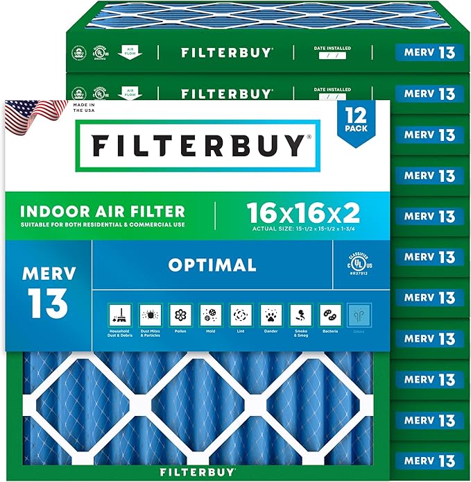 Filterbuy 16x16x2 Air Filter MERV 13 Optimal Smoke & Allergy Defense (12-Pack), Electrostatic Pleated HVAC AC Furnace Filters Replacement, Made in USA (Actual Size: 15.50 x 15.50 x 1.75)