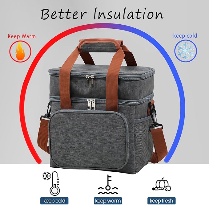 16 litres Insulated Lunch Bag for Men & Women, 2 Deck Lunch Box with Leak-Proof, Insulated Cooler Bag, Reusable Lunch Tote, with Adjustable Shoulder Strap for Office Picnic Hiking Beach