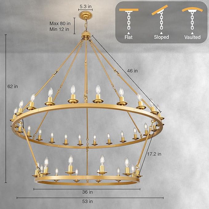 Wagon Wheel Chandelier, 2-Tier 36-Light Gold Extra Large Modern Rustic Farmhouse Chandelier Adjustable Height Light for High Ceiling Living Room, Entryways, Foyer, Dining Room