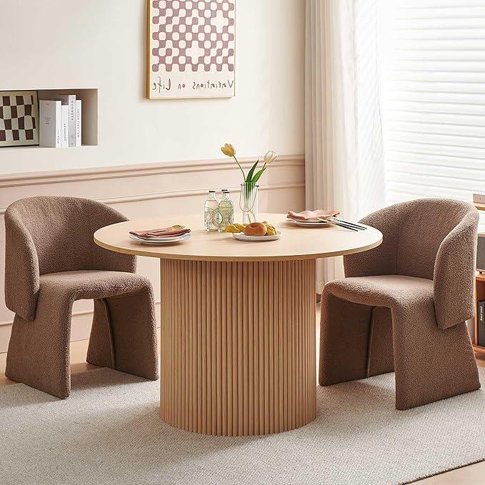 Dining Table Set for 2, 47" Round Kitchen Table with Two-Part Tabletop& Wood Strips Base, Oak Wood Finish Circle Dinner Table with Brown Teddy Velvet Dining Chairs Upholstered