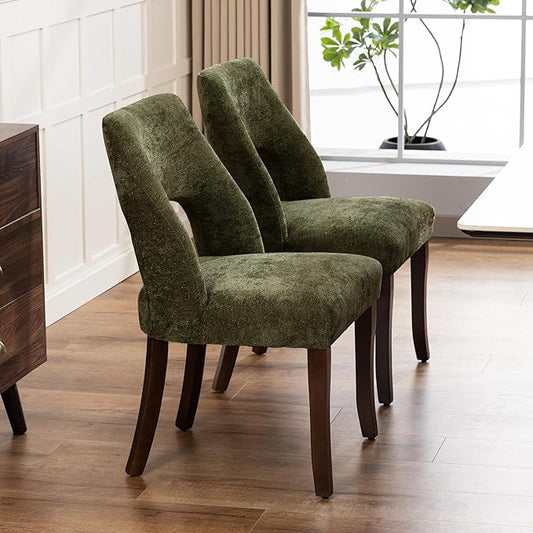 UVV Wooden Dining Chairs Set of 2, Mid Century Modern Chenille Upholstered Dining Room Chair Kitchen Chairs, Farmhouse Dinner Chair with Solid Wood Legs for Kitchen Dining Room, Green-Chenille