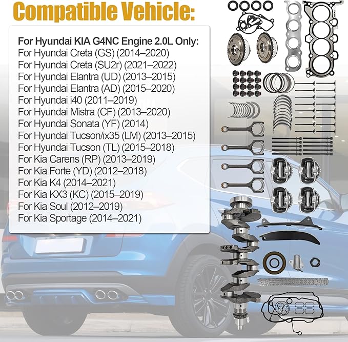 G4NC 2.0L Engine Rebuild Overhaul Kit w/Crankshaft, Timing Chain Kit, Head Gasket Set & Pistons Fits for Kia Sportage; for Hyundai Sonata Santa Fe Sport Replace# 23110-2E501 623V6-2EH00 23510-2E001