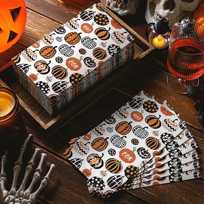 Jetec 200 Pcs Halloween Pumpkin Paper Napkins Paper Hand Towels for Bathroom Disposable Guest Napkins Orange Pumpkin Disposable Hand Towels for Halloween Christmas Birthday Party