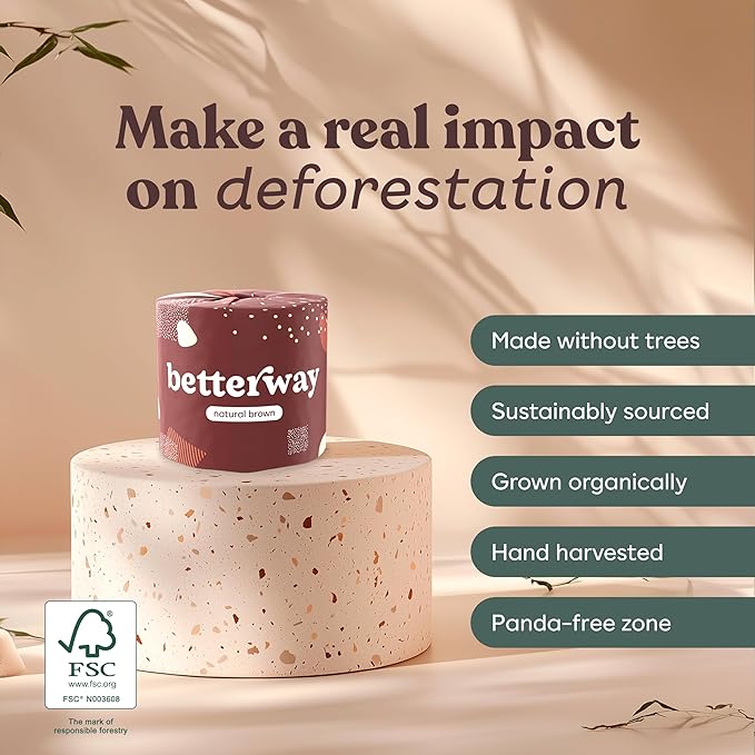 Betterway Unbleached Bamboo Toilet Paper Rolls - Eco-Friendly 3 Ply Toilet Tissue - 36 Long-Lasting Rolls - 360 Sheets/Roll - Organic, FSC Certified, Septic Safe TP - Lint-Free, PFAS-Free Bath Tissue