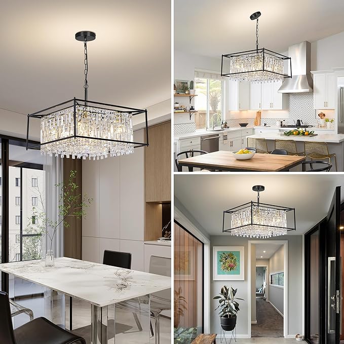 Black Chandeliers for Dining Room, Black Square Lndustrial Chandelier Crystal Pendant Light for Kitchen Island Dining Room Living Room Flat and Inclined Ceiling,L24 x W24 x H17.5