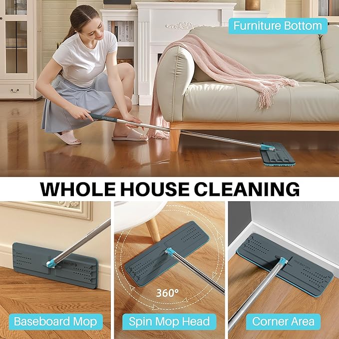 JOYMOOP Flat Mop, Microfiber Mops for Floor Cleaning and Wall Cleaner, 60" Long Handle with Flexible 13" Flat Head with a Microfiber Mop Pad - Grey & Cyan Blue