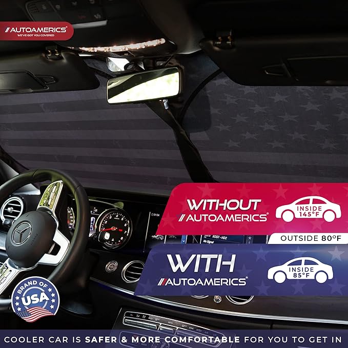 Autoamerics 1-Piece Windshield Sun Shade Grunge B&W American Flag USA Design - Foldable Car Front Window Sunshade for Most Sedans SUV Truck - Blocks Max UV Rays and Keeps Your Vehicle Cool - Medium