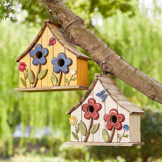 Glitzhome Hanging Birdhouses for Outside, 10.75" L Distressed Solid Wood Birdhouse with 3D Flowers Rustic Two-Story Townhouse Hand-Painted Bird Houses for Outdoors,Washed Yellow