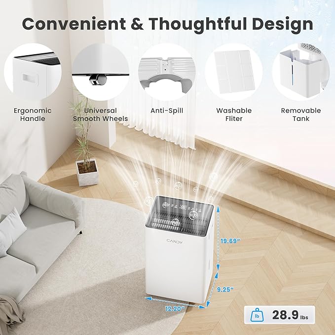 Candy 4500 Sq.Ft Dehumidifier for Basement,Max 80 Pints Dehumidifiers for Home,Cont/Sleep/Auto Mode,1.35 Gal Water Tank with Drain Hose,Portable & Wifi for Large Room,Bedroom,Bathroom,Garage,Laundry