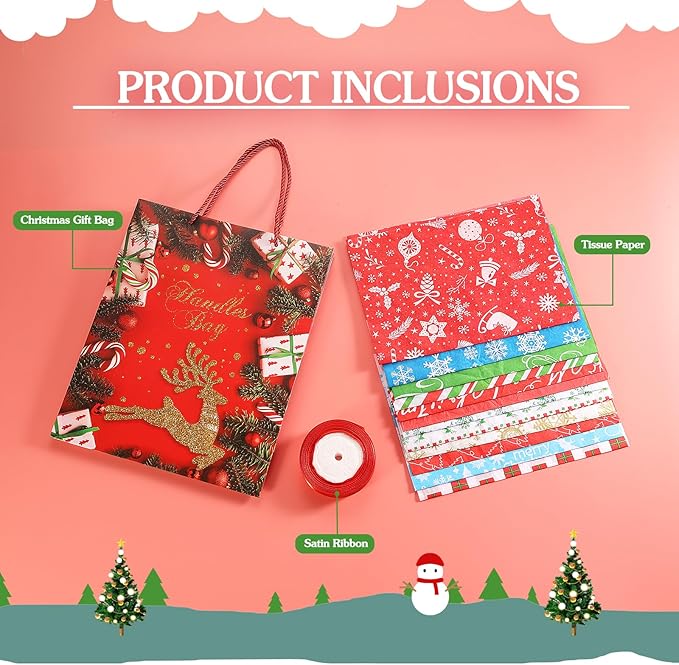 Rusikia 12 Christmas Gift Bags with 12 Tissues and 1 Satin Ribbon, Red Party Favor Bags Bulk with Handles, Glittery Cute Tree Balls Merry Deer Paper Bag for Wrapping Present (Small 9"x7"x3")
