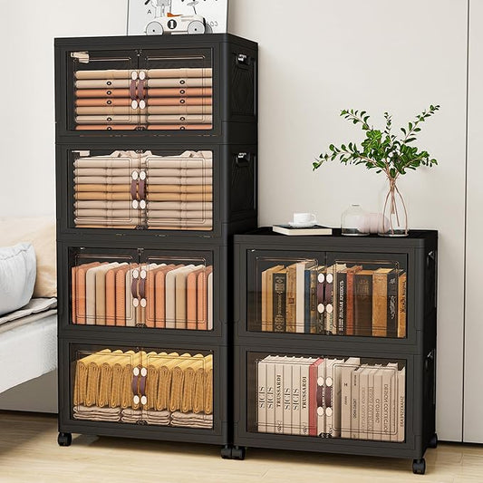 Storage Bins with Lids and Wheels, Collapsible Bathroom Storage Cabinet with Clear Doors, Plastic Stackable Closet Organizers and Storage Containers Black 597 QT