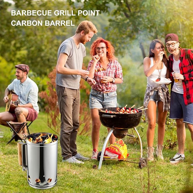 Outdoor Charcoal Chimney Starter Bucket with Wood Handle Heat Shield Quick BBQ Grill Fire Starter for Camping Tailgate Patio Cooking Suitable for Charcoal BBQ and Garden Grilling