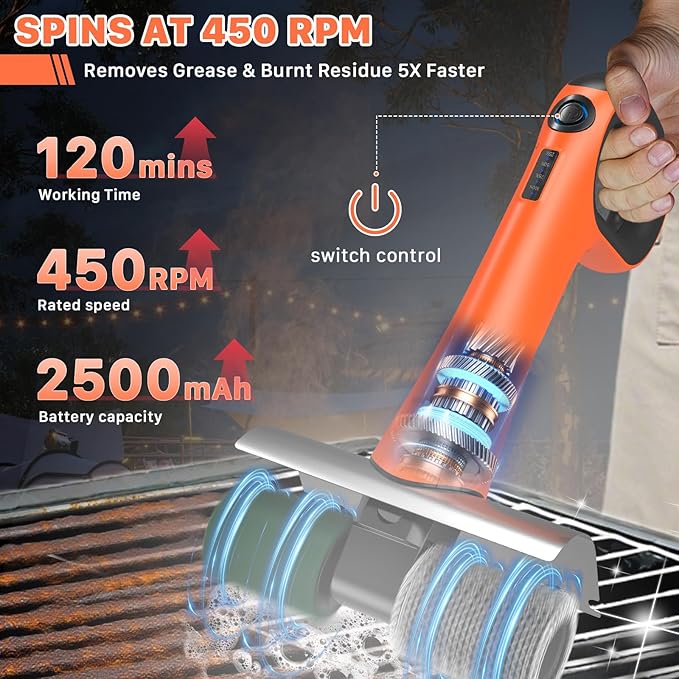 Hillyfe Electric Grill Cleaner for Outdoor,Cordless Rechargeable Grill Brush with 3 Brush Heads, 450RPM,2 Hours of Continuous Operation,LED Light,Grill Scraper,Grilling Gifts for Men,Orange