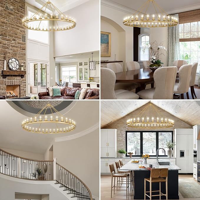 Wagon Wheel Chandeliers, 36-Light Gold Extra Large Modern Rustic Farmhouse Chandelier Adjustable Height Light for High Ceiling Living Room, Entryways, Foyer, Dining Room, Kitchen