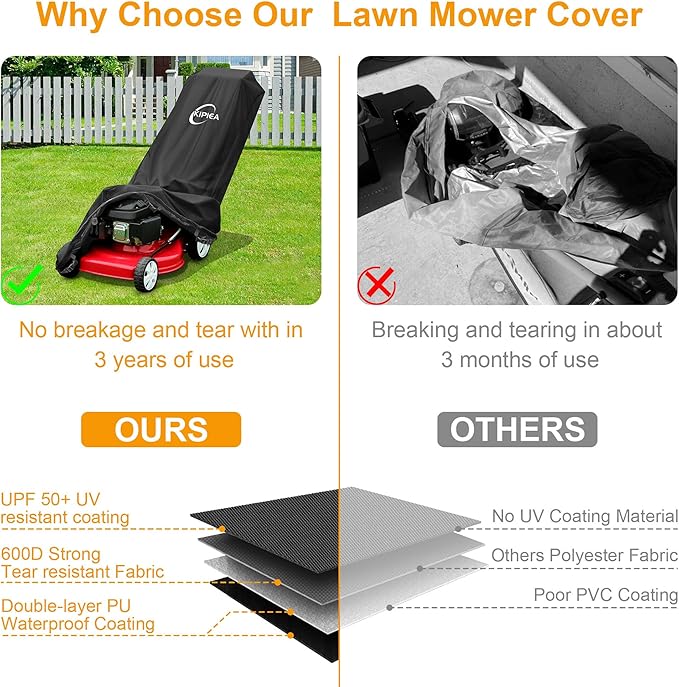 Kipiea Outdoor 600D Lawn Mower Cover Waterproof, UV & Tear-Resistant with 4 Buckles and 2 Drawstrings for Most Push Lawn Mowers