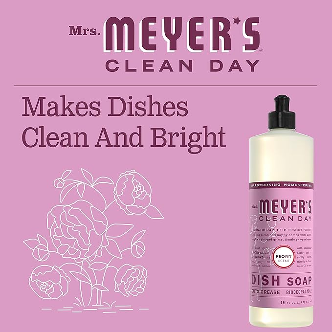 MRS. MEYER'S CLEAN DAY Liquid Dish Soap, Biodegradable Formula, Peony, 16 fl. oz - Pack of 6