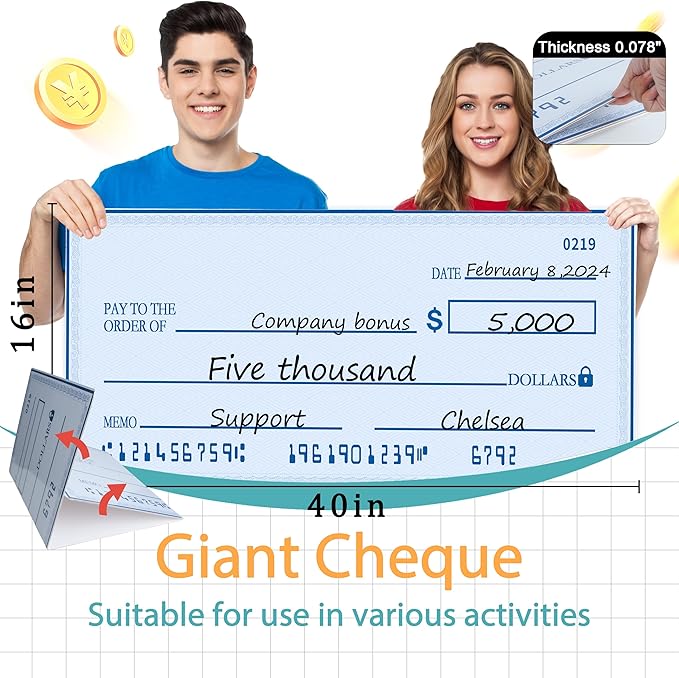 Giant Check for Presentations | 40x16 Dry Erase Big Check Board for Fundraisers - Oversized Fake Check Award, Charity & Donation Events