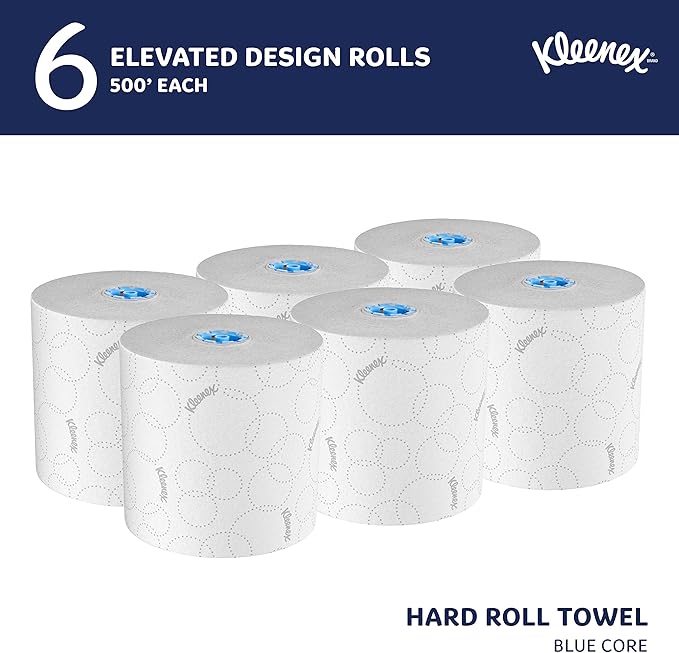 Kleenex Professional Hard Roll Paper Towels, Bulk (54471), Hardwound, Elevated Design, Premium Absorbency Pockets, White, for ScottBrand Blue Core Dispensers (6 Rolls at 500' Each, 3,000'/Case)