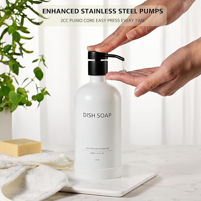 Glass Soap Dispenser Set with Ceramic Tray, 16.9 floz Hand and Dish Soap Dispenser for Bathroom Decor, White and Black Kitchen Accessories (White Bottles + Black Pumps)