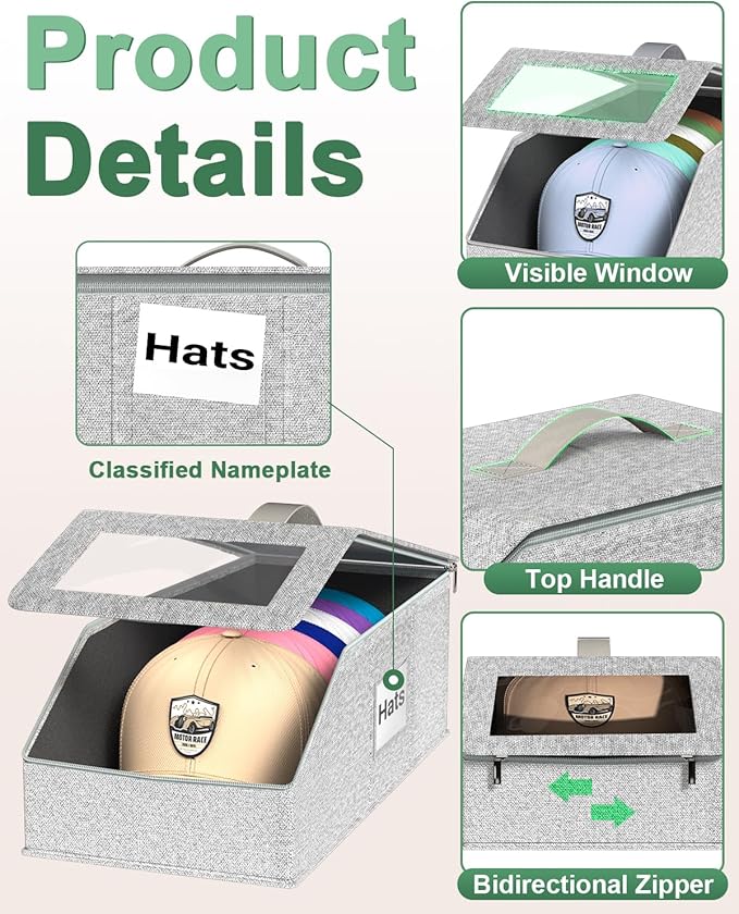 Stackable Hat Organzier for Baseball Caps, 2 PCS Hat Storage Holder Holds up to 24 Caps for Closet, Dust-Proof Hat Boxes Container with Clear Window for Home