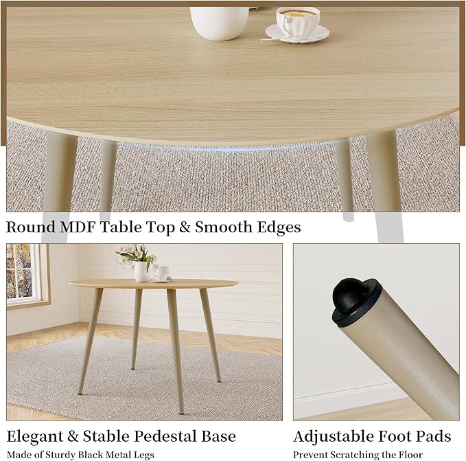 43.3 Inch Round Dining Table Set for 4, Modern Small Kitchen Coffee Set for Dining Room Kitchen Apartment (Cream Table+4 U-Shaped White Chairs)