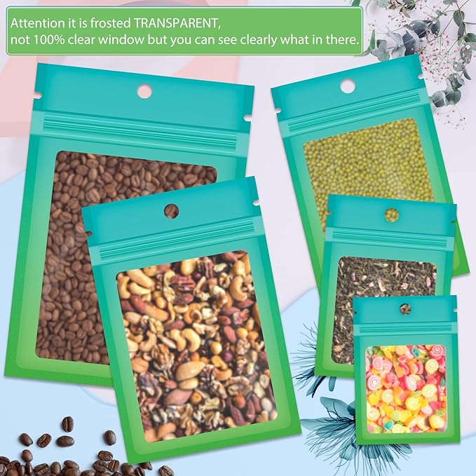 Funfery 100 Pack Resealable Bags for Food Storage,Clear Cute Mylar Bags for Small Business Foil Pouch Zipper Packaging Bag for Sample Jewelry Eyelash Gloss(Blue Green,4.7×7in)