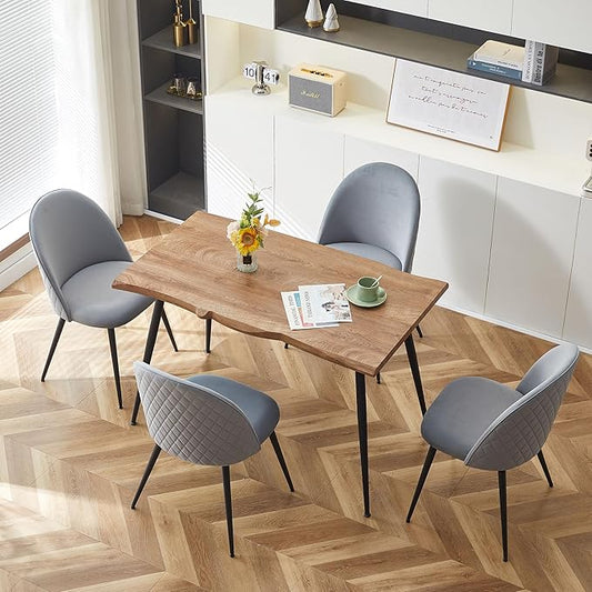 5-Pieces Kitchen Dining Table Set for 4,Unique Design Live Edge Dining Table with Thick Tabletop & 4 Grey Velvet Dining Chair Upholstered Set with Stable Metal Legs for Restaurant,Dining Hall