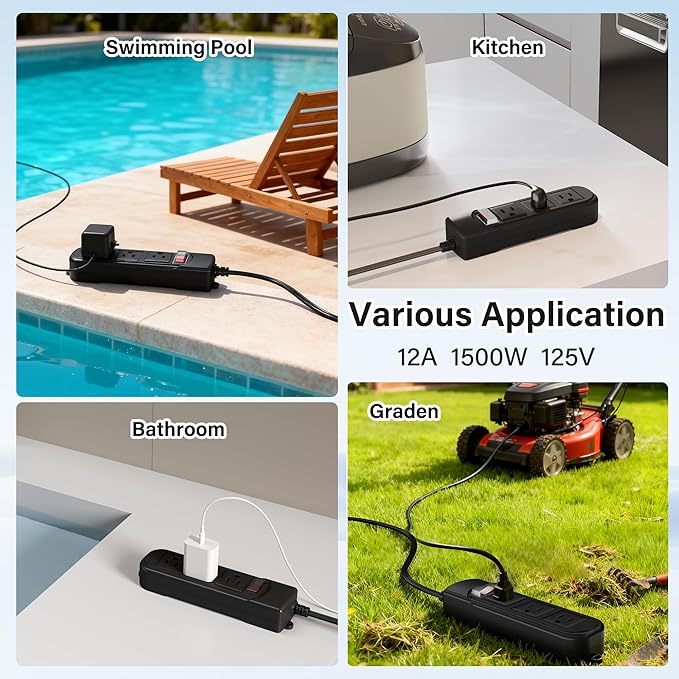 Outdoor Power Strip 15 Ft, IPX4 Waterproof Surge Protector 3 Widely Spaced AC Outlets Extension Cord, 45° Flat Plug, Wall Mountable, 18 Gauge 125V for Garden Patio Camping Christmas Lights-ETL