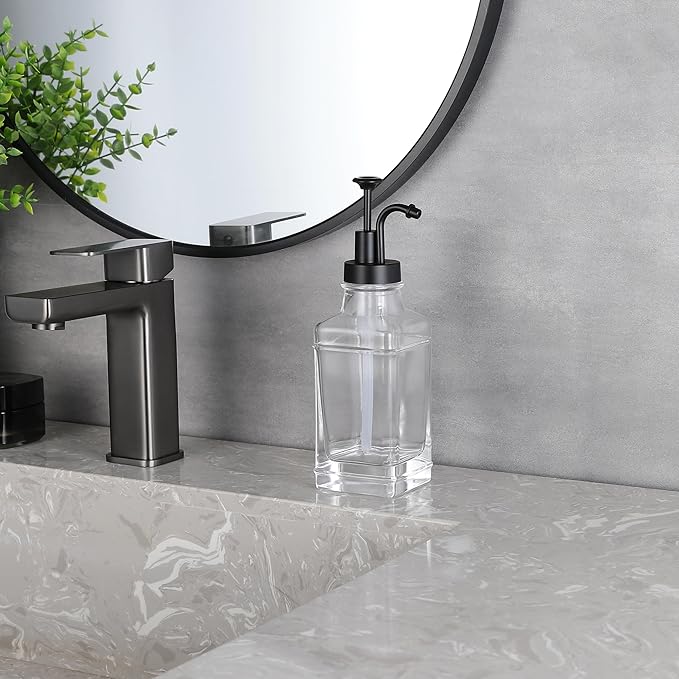Clear Glass Soap Dispenser with Matte Black Dispenser Pump, Modern Refillable Pump for Bathroom, Kitchen, or Office, Elegant Accent Piece for Interior Decoration
