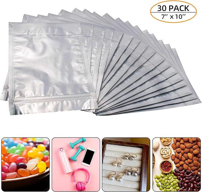 1 Quart 30 Packs Mylar Bags for Food Storage, 7"x 10" With Window, Freeze Dried Candy, Reusable Long Term Storage