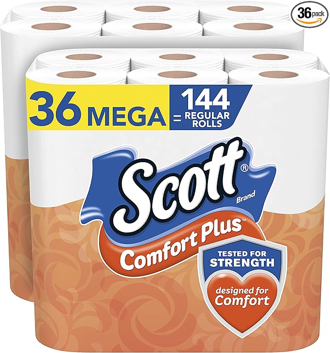 Scott ComfortPlus Toilet Paper, 36 Mega Rolls = 144 Regular Rolls, Bath Tissue, 462 Sheets Per Roll, White, 36 Count