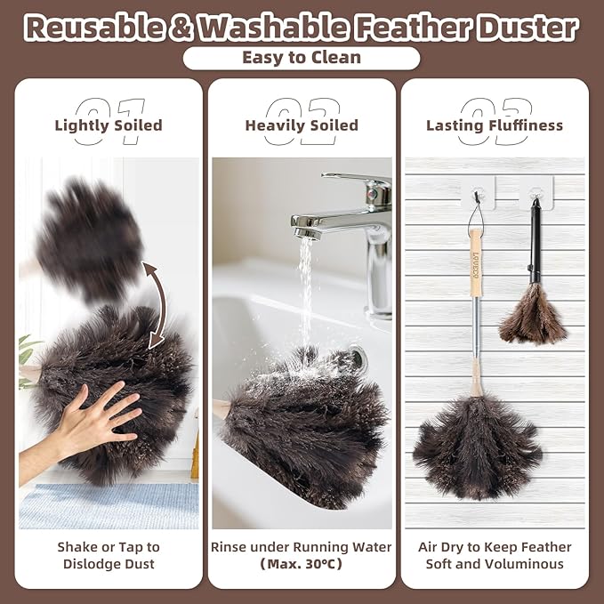 Ostrich Feather Dusters for Cleaning Kit - Reusable Soft Feather Duster Extendable to 49 inches for Cleaning Ceiling Fan, High Ceiling, Blinds & Retractable Small Duster for Keyboard, Brick Toy, Car