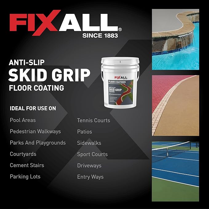 FIXALL Skid Grip Anti-Slip Coating, 5 Gallons, Slate, Exceeds ADA Standards, Ideal for Safety Areas, Slip-Resistant Pavement, Cement & Concrete Paint