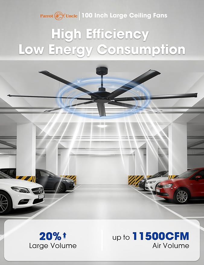 Industrial Ceiling Fans, 100 Inch Black DC Motor Ceiling Fans No Lights for Living Room Shop Garage Bedroom Indoor Outdoor, Remote Control, 6-Speed Reversible Blades, Dimmable, 3CCT, Timer